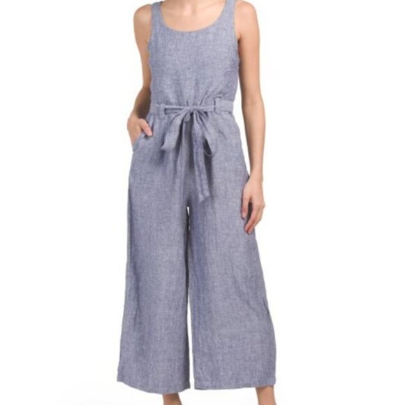 St. Tropez West Wide Leg Belted 100% Linen Jumpsuit. Blue Chambray. Size 12